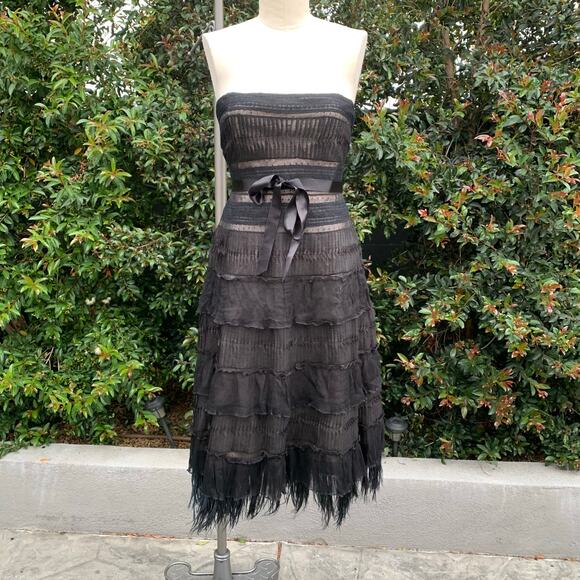 BCBG Maxazria Strapless Feather Fringe Hem Midi Dress Women’s 8 Formal - Picture 10 of 15